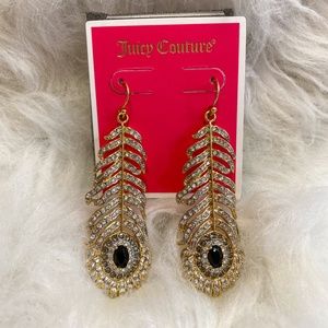 NWT Juicy Couture Oversized Feather Rhinestone Dangle Earrings Boho Chic